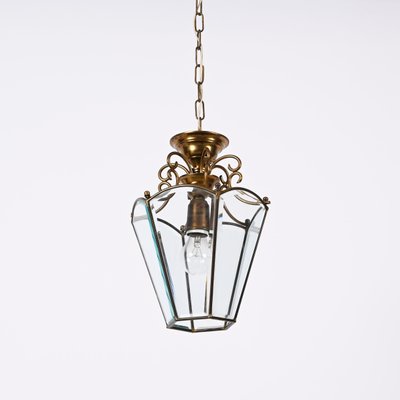 Italian Brass and Beveled Glass Hexagonal Chandelier in the style of Adolf Loos, 1950s-JDR-1393030