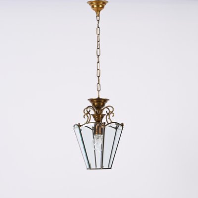 Italian Brass and Beveled Glass Hexagonal Chandelier in the style of Adolf Loos, 1950s-JDR-1393030