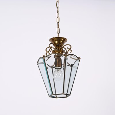 Italian Brass and Beveled Glass Hexagonal Chandelier in the style of Adolf Loos, 1950s-JDR-1393030