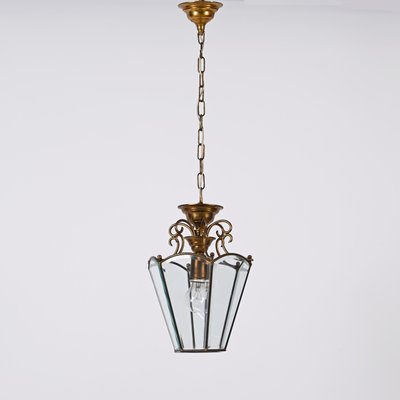 Italian Brass and Beveled Glass Hexagonal Chandelier in the style of Adolf Loos, 1950s-JDR-1393030