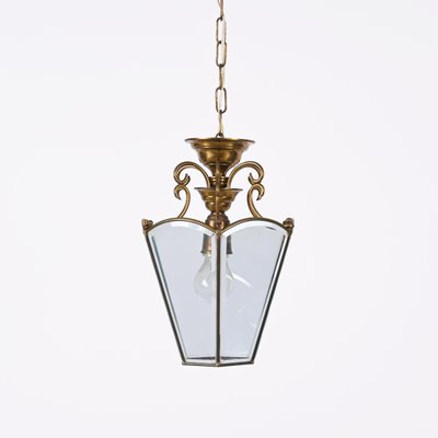 Italian Brass and Beveled Glass Hexagonal Chandelier in the style of Adolf Loos, 1950s-JDR-1393030