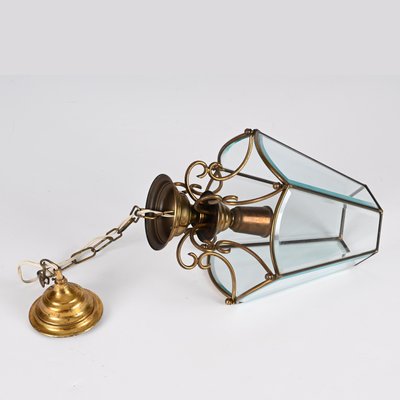 Italian Brass and Beveled Glass Hexagonal Chandelier in the style of Adolf Loos, 1950s-JDR-1393030