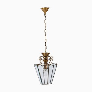 Italian Brass and Beveled Glass Hexagonal Chandelier in the style of Adolf Loos, 1950s-JDR-1393030