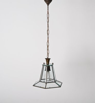 Italian Brass and Beveled Glass Hexagonal Pendant Light in the Style of Adolf Loos, 1950s-JDR-1449584