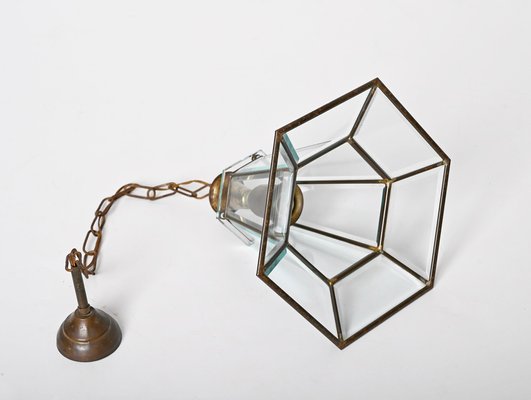 Italian Brass and Beveled Glass Hexagonal Pendant Light in the Style of Adolf Loos, 1950s-JDR-1449584