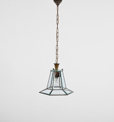 Italian Brass and Beveled Glass Hexagonal Pendant Light in the Style of Adolf Loos, 1950s-JDR-1449584