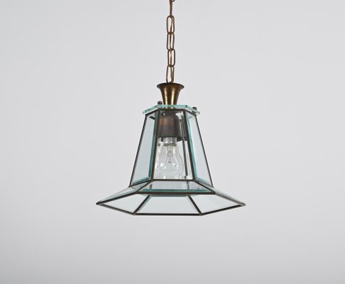 Italian Brass and Beveled Glass Hexagonal Pendant Light in the Style of Adolf Loos, 1950s-JDR-1449584