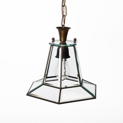 Italian Brass and Beveled Glass Hexagonal Pendant Light in the Style of Adolf Loos, 1950s-JDR-1449584