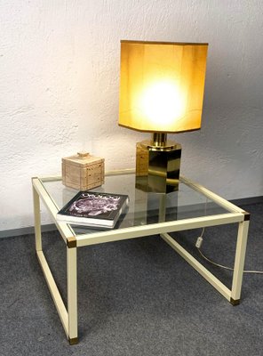 Italian Brass and Cream Enameled Metal Square Coffee Table by Tommaso Barbi, 1970s-JDR-1126162