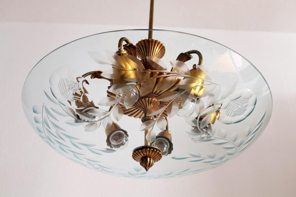 Italian Brass and Crystal Glass Chandelier, 1950s-VNE-965990