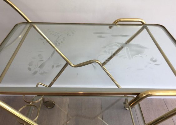 Italian Brass and Engraved Glass Drinks Trolley, 1950s-BA-658538