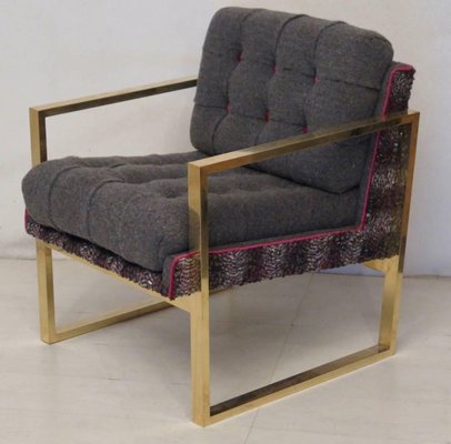 Italian Brass and Fabric Armchairs, 1950s, Set of 2-UH-869188