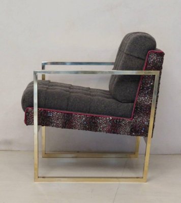 Italian Brass and Fabric Armchairs, 1950s, Set of 2-UH-869188