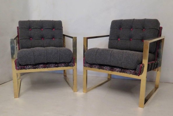 Italian Brass and Fabric Armchairs, 1950s, Set of 2-UH-869188