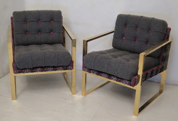 Italian Brass and Fabric Armchairs, 1950s, Set of 2-UH-869188