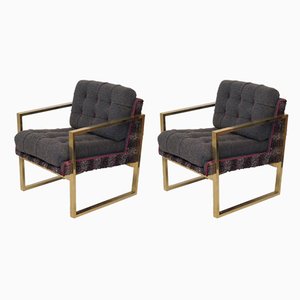 Italian Brass and Fabric Armchairs, 1950s, Set of 2-UH-869188