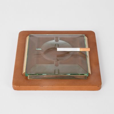 Italian Brass and Faceted Glass Leather Ashtray from Fontana Arte, 1970s-JDR-1126215