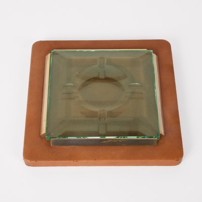 Italian Brass and Faceted Glass Leather Ashtray from Fontana Arte, 1970s-JDR-1126215