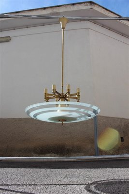 Italian Brass and Frosted Glass Round Chandelier, 1950s-EH-627164