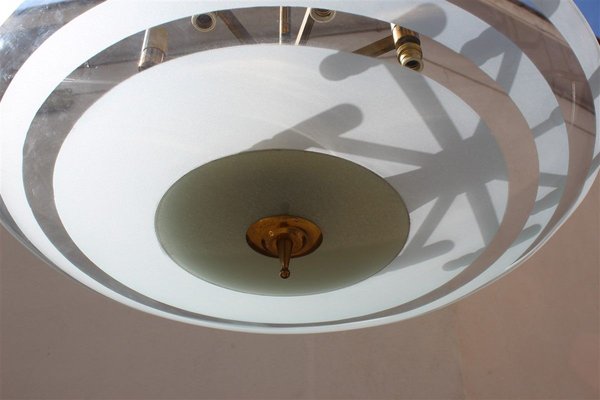 Italian Brass and Frosted Glass Round Chandelier, 1950s-EH-627164