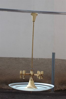 Italian Brass and Frosted Glass Round Chandelier, 1950s-EH-627164