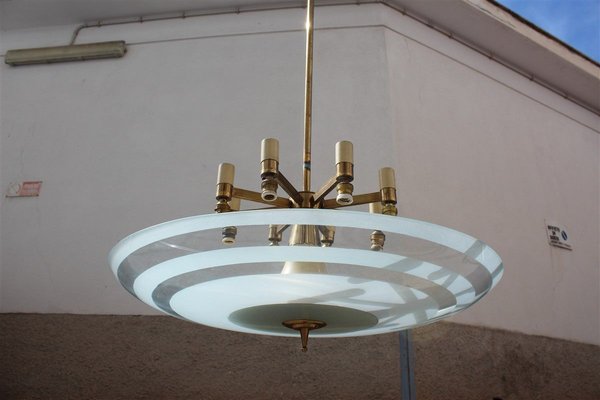 Italian Brass and Frosted Glass Round Chandelier, 1950s-EH-627164