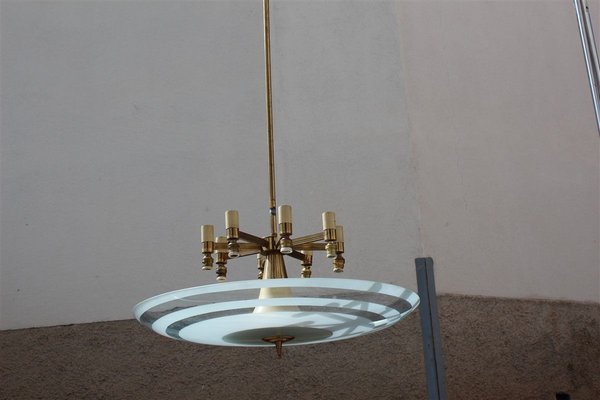 Italian Brass and Frosted Glass Round Chandelier, 1950s-EH-627164