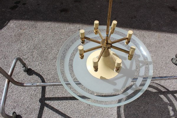 Italian Brass and Frosted Glass Round Chandelier, 1950s-EH-627164