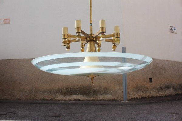 Italian Brass and Frosted Glass Round Chandelier, 1950s-EH-627164