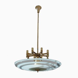 Italian Brass and Frosted Glass Round Chandelier, 1950s-EH-627164