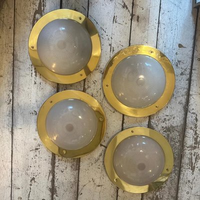 Italian Brass and Glass Round Ceiling Light in the style of Luigi Caccia Dominioni, 1960s-NMK-1773684