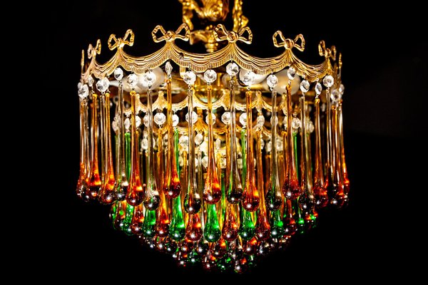 Italian Brass and Multicolored Teardrop Chandelier, 1930s-MBH-1032106