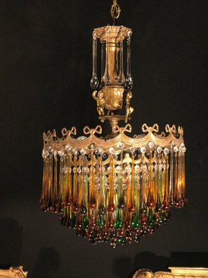 Italian Brass and Multicolored Teardrop Chandelier, 1930s-MBH-1031638