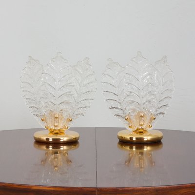 Italian Brass and Murano Glass Leaf Shaped Table Lamps Attributed to Novaresi, Set of 2-UE-1288958