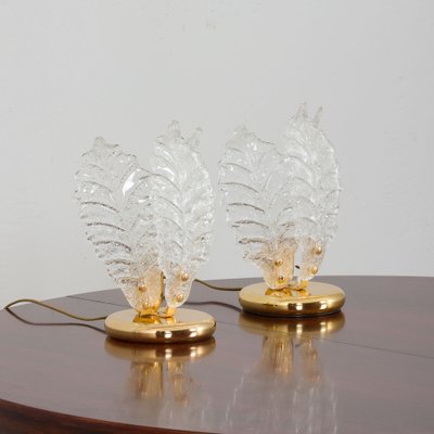 Italian Brass and Murano Glass Leaf Shaped Table Lamps Attributed to Novaresi, Set of 2-UE-1288958