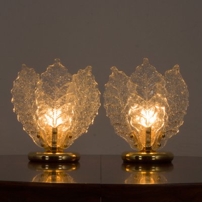 Italian Brass and Murano Glass Leaf Shaped Table Lamps Attributed to Novaresi, Set of 2-UE-1288958