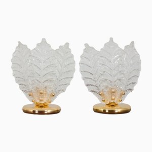 Italian Brass and Murano Glass Leaf Shaped Table Lamps Attributed to Novaresi, Set of 2-UE-1288958