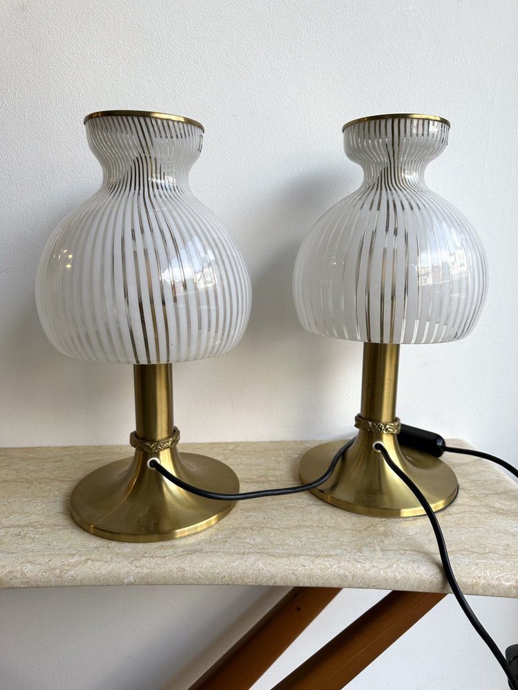 Italian Brass and Murano Glass Mushroom Table Lamps by Angelo Brotto for Esperia, 1970s, Set of 2