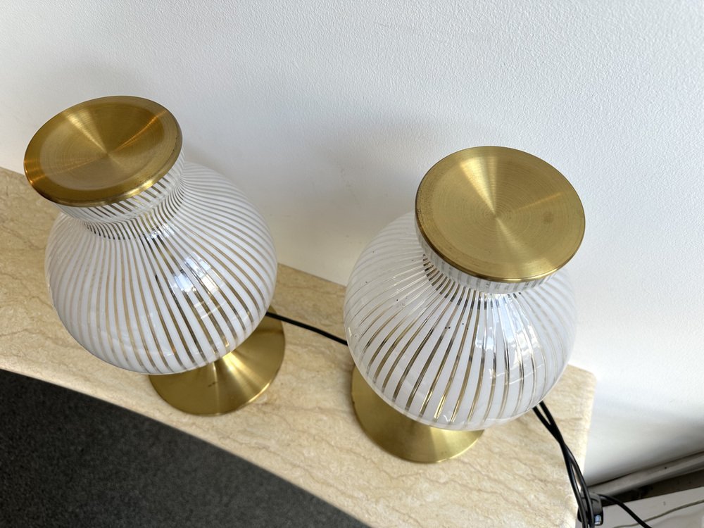 Italian Brass and Murano Glass Mushroom Table Lamps by Angelo Brotto for Esperia, 1970s, Set of 2