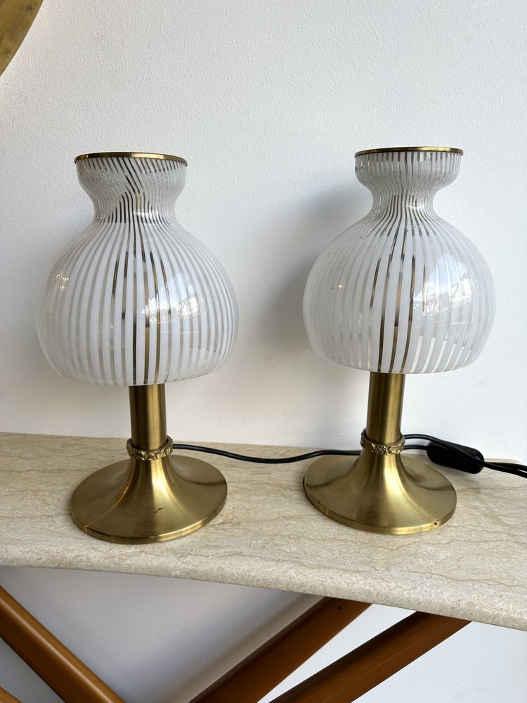 Italian Brass and Murano Glass Mushroom Table Lamps by Angelo Brotto for Esperia, 1970s, Set of 2