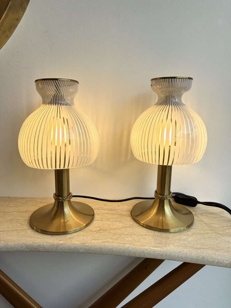 Italian Brass and Murano Glass Mushroom Table Lamps by Angelo Brotto for Esperia, 1970s, Set of 2