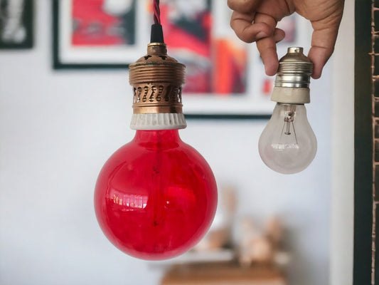 Italian Brass and Porcelain E40 Lamp Socket with Red Twisted Silk Electrical Cable, 1900s