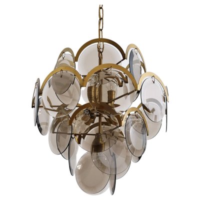 Italian Brass and Smoked Glass Chandelier by Vistosi, 1960s-VNE-1064259