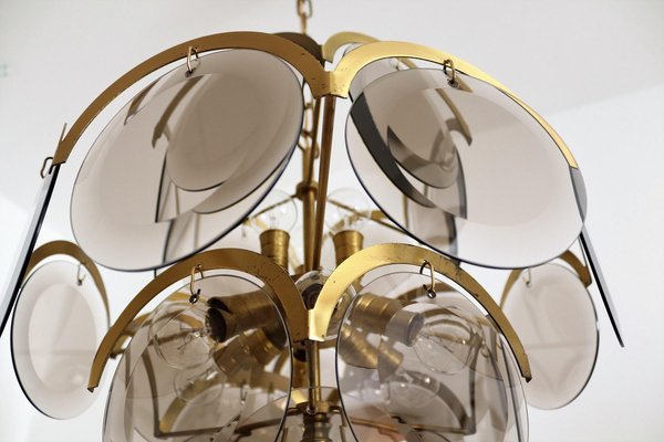 Italian Brass and Smoked Glass Chandelier by Vistosi, 1960s-VNE-1064259