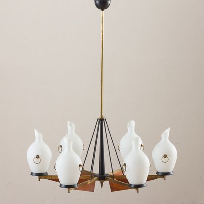 Italian Brass and Teak Chandelier with Vase-Shaped Opaline Glass Shades from Stilnovo, 1960s-UE-965653