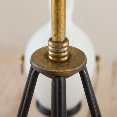 Italian Brass and Teak Chandelier with Vase-Shaped Opaline Glass Shades from Stilnovo, 1960s-UE-965653