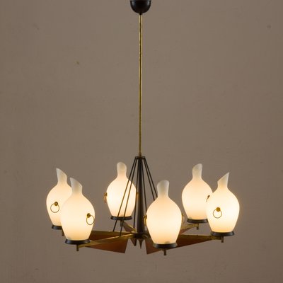 Italian Brass and Teak Chandelier with Vase-Shaped Opaline Glass Shades from Stilnovo, 1960s-UE-965653