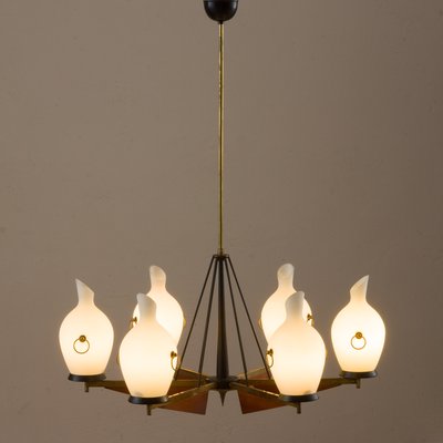 Italian Brass and Teak Chandelier with Vase-Shaped Opaline Glass Shades from Stilnovo, 1960s-UE-965653