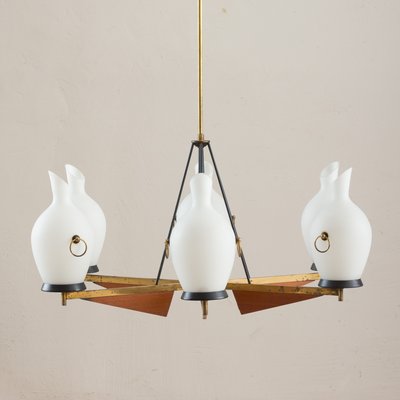 Italian Brass and Teak Chandelier with Vase-Shaped Opaline Glass Shades from Stilnovo, 1960s-UE-965653