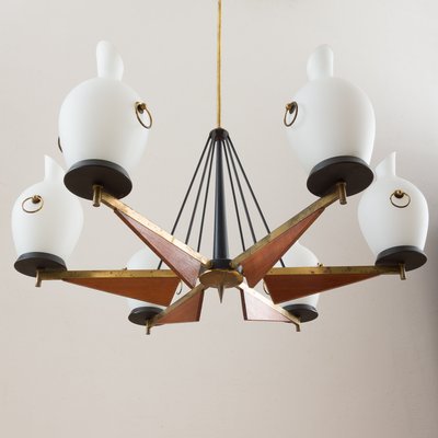 Italian Brass and Teak Chandelier with Vase-Shaped Opaline Glass Shades from Stilnovo, 1960s-UE-965653